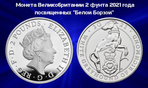Novaya Kollekcionnaya moneta Velikobritanii 2 funta 2021 goda Zveri Korolevy Belaya Borzaya