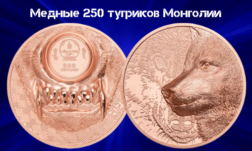 Novaya Pamyatnaya Mednaya Moneta Mongolii 2021 goda 250 tugrikov Volk