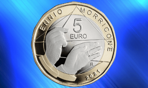 Revers Monety Italiya 5 evro 2021 goda kompozitoru Ennio Morrikone